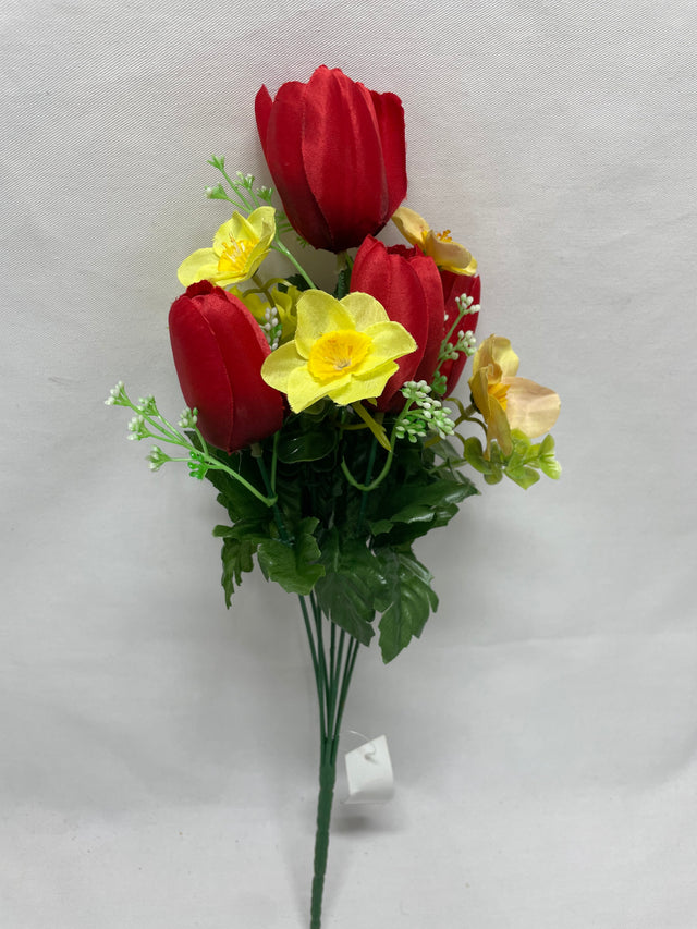 Buchet de primavara cu frunze eucalypt 40cmx7 rosu