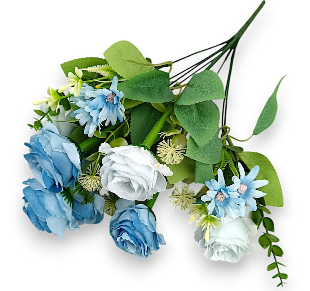Buchet trandafiri cu eucalypt h:41cm albastru