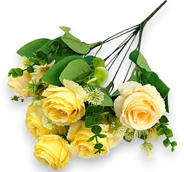 Buchet trandafiri cu eucalypt h:41cm galben