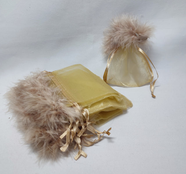 imagine produs Sacosa organza cu pene 10x13cm S/12 galben