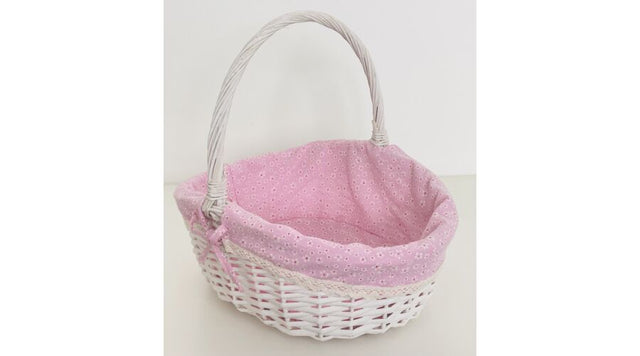 Cos impletit din nuiele cu toarta 41x32cm alb/roz