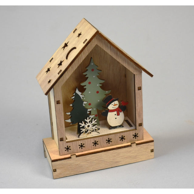 Casa din lemn cu om de zapada 14.8x11cm natur