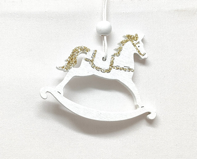 imagine produs Cal balansoar din lemn de agatat 7.5x6x0.5cm alb/auriu