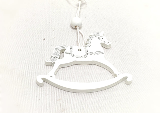 imagine produs Cal balansoar din lemn de agatat 7.5x6x0.5cm alb/argintiu