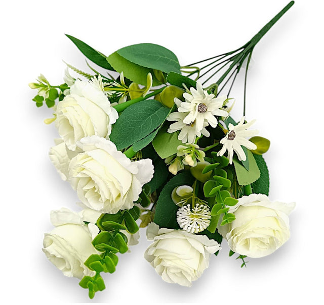Buchet trandafiri cu eucalypt H:41cm crem