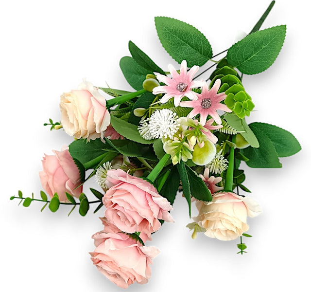 Buchet trandafiri cu eucalypt h:41cm roz