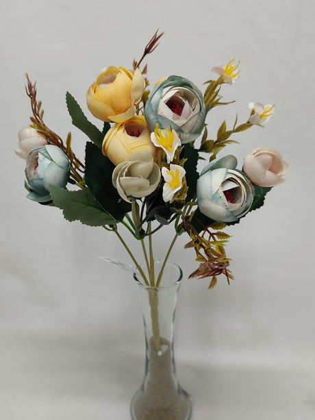 imagine produs Buchet ranunculus x5 27cm piersica-albastru