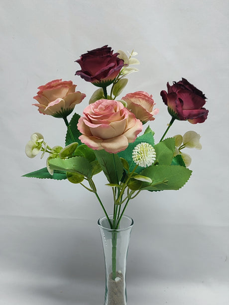 imagine produs Buchet trandafiri & eucalipt x5 H29cm bordeaux/piersica