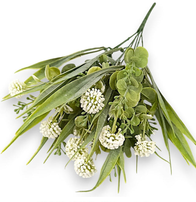 Buchet ciulin brumat cu frunze eucalypt x7 35cm alb