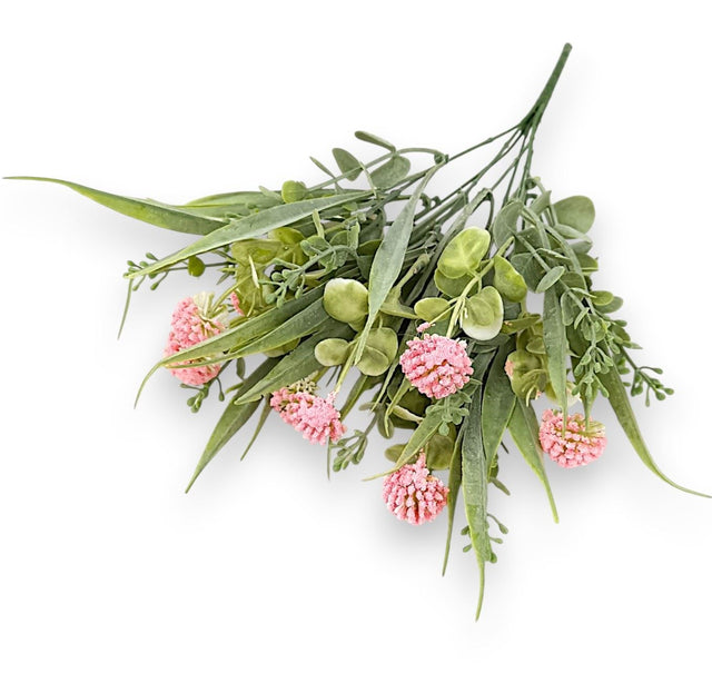 Buchet ciulin brumat cu frunze eucalypt x7 35cm roz