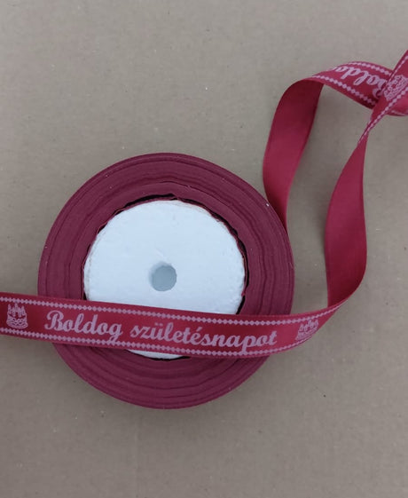 imagine produs Banda decor saten 1.5cmx25y Boldog Szuletesnapot burgundy