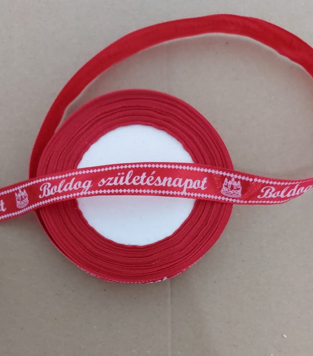 imagine produs Banda decor saten 1.5cmx25y Boldog Szuletesnapot rosu