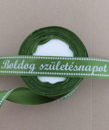 imagine produs Banda decor saten 2.5cmx25y Boldog Szuletesnapot verde