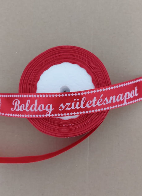 imagine produs Banda decor saten 2.5cmx25y Boldog Szuletesnapot rosu