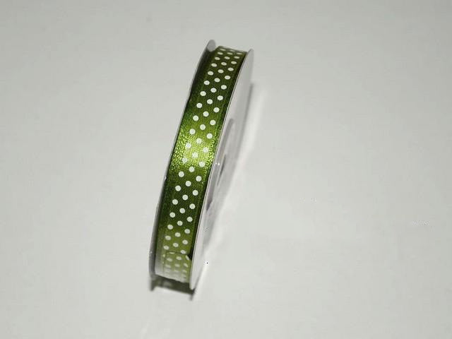 Bd.saten cu buline 1cmx25y verde muschi inchis/alb
