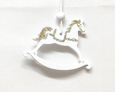 imagine produs Cal balansoar din lemn de agatat 7.5x6x0.5cm alb/auriu